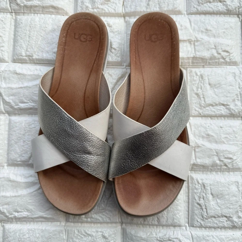 UGG Kari Silver and White Leather Cross-Strap Slide Sandals Size 8.5